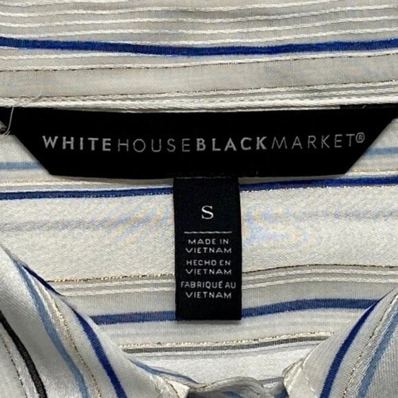 White House Black Market Blouse Women's Small Blue Metallic Stripe Semi Sheer - Picture 12 of 13